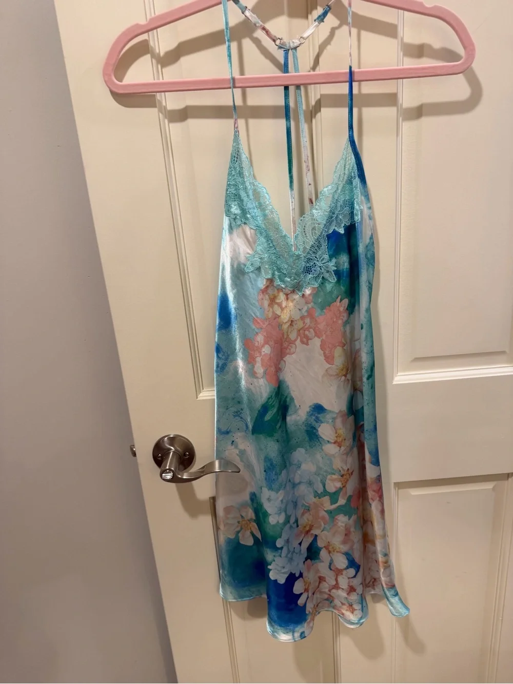 In bloom by jonquil Silky Floral Lace-Trim Chemise Slip - Aqua Multi
